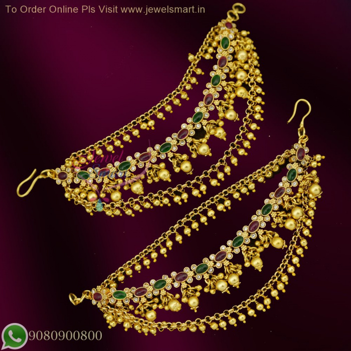 3 Layer Bahubali Style Ear Chain Mattal South Indian Bridal Jewellery with Kemp Stones EC26742