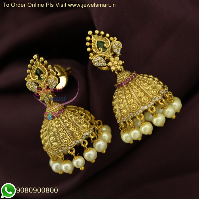 Beautiful Medium Gold Jhumka Earrings Antique Style Affordable Price J26593
