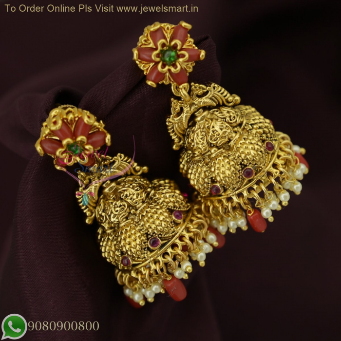 Coral Beads Embedded Antique Gold Replica Jhumka Earrings Traditional Pavalam Inspired Jewelry J26865