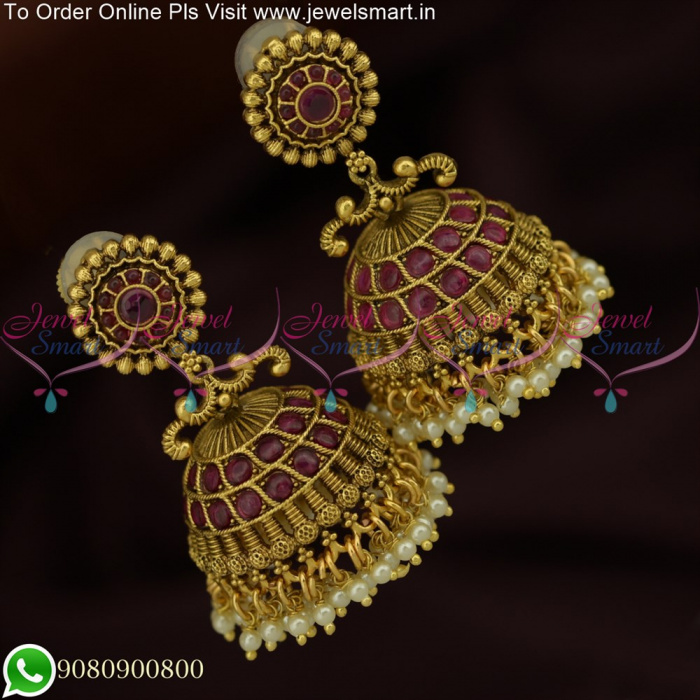 Antique Jhumkas With Kemp Stone And Pearl Hangings