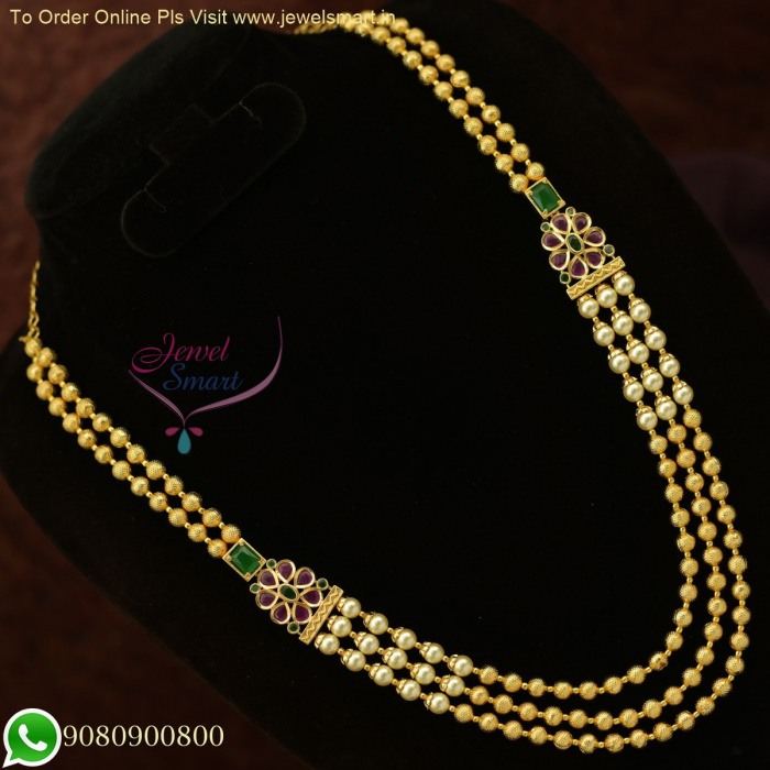 Elegant Layered Gold and Pearl Long Necklace Designs Traditional
