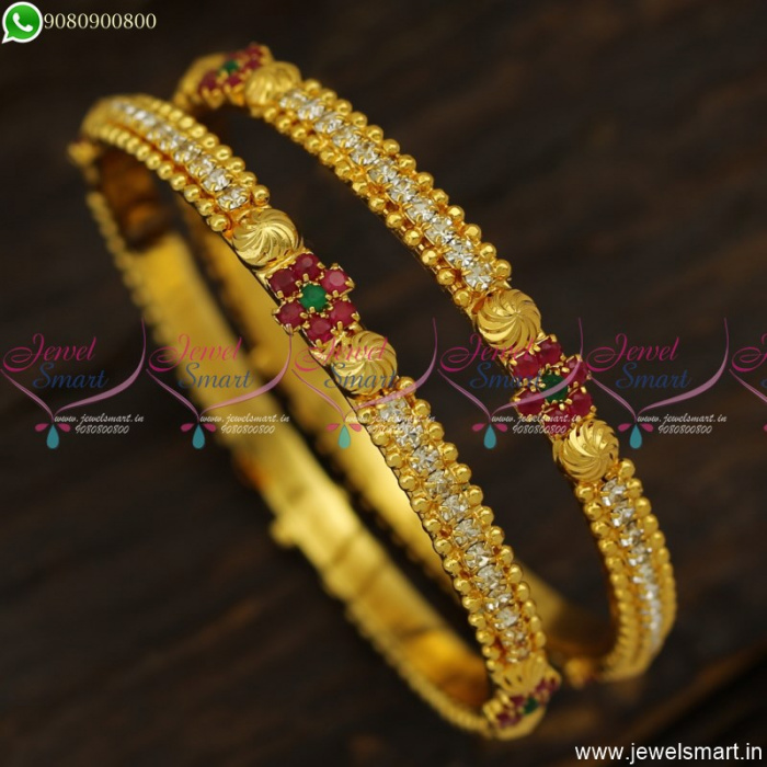 Gold Bangles Design For Babies and Girls Single Line Stones Ruby Emerald Floral Caps B23717