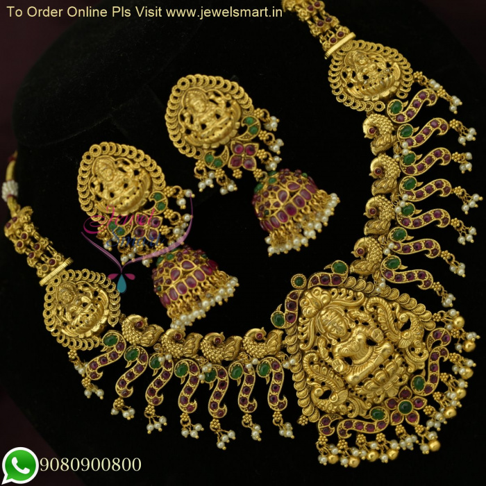 Grand Temple Jewelry Necklace Set with Bridal Jhumka Earrings Traditional Gold Design Online NL26699