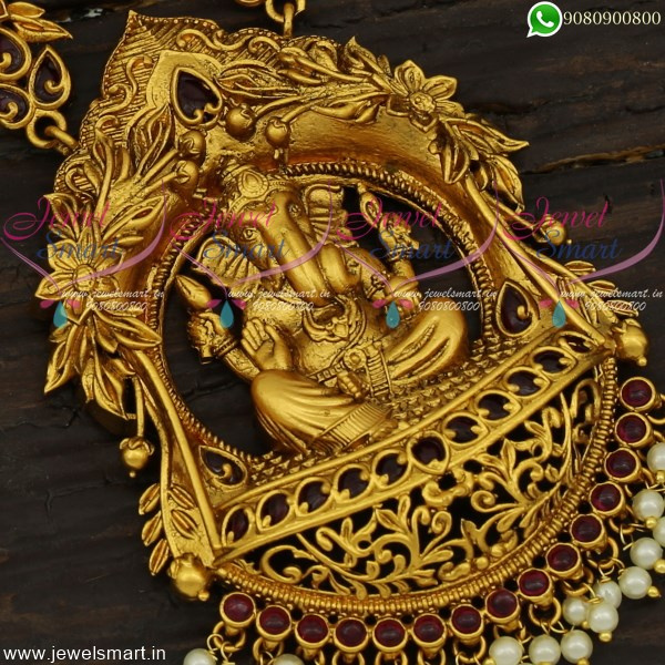 Ganesh Pendant Gold Long Necklace Design Floral Chain Jhumka Matching Earrings NL21883