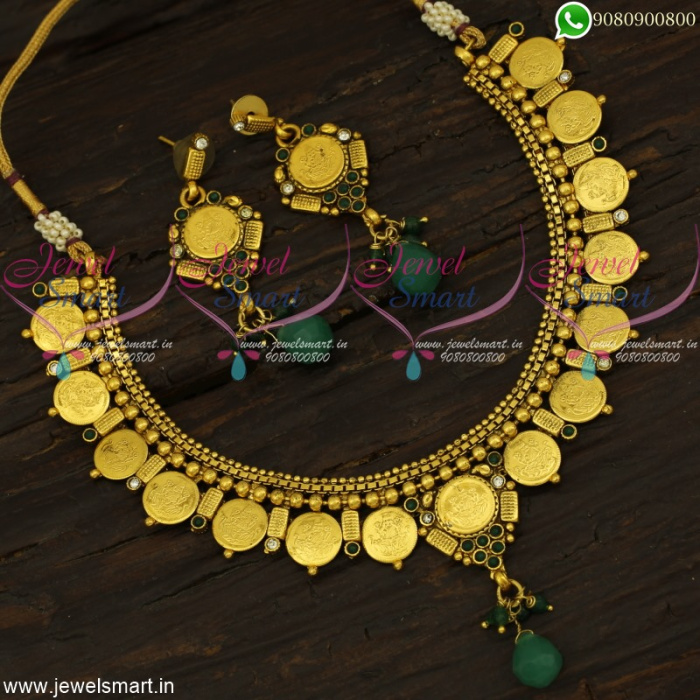 NL18527 Antique Temple Jewellery Traditional Broad Laxmi Coin Necklace Long  Earrings | JewelSmart.in