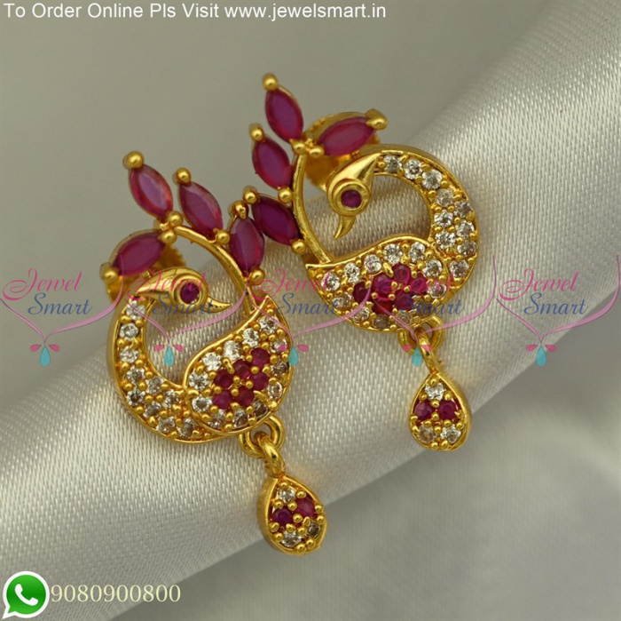 Gold Plated Feather Design With White Color Plastic Stone Stud Earring