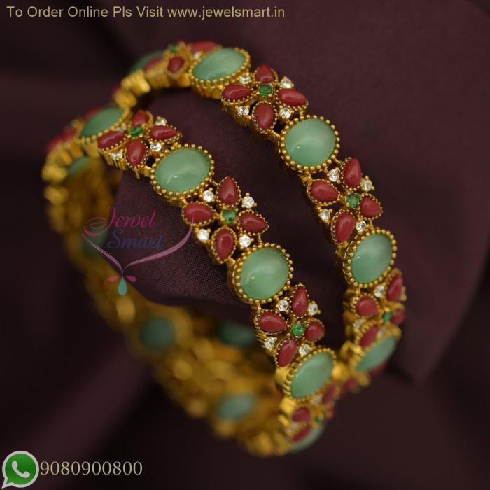 Broad Gold Bangles with Jade Green Coral Stones Elegant Traditional Design Jewelsmart.in B26746