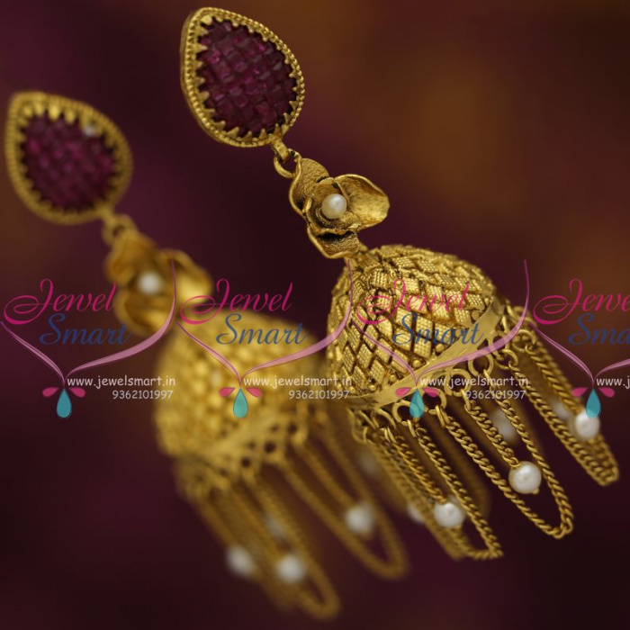 J7884 Long Size Antique Colour Rajwadi Jhumka Earrings Pearl Chain