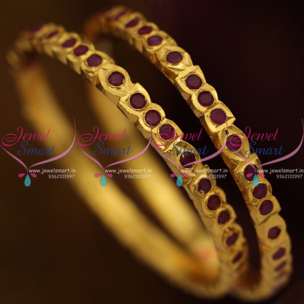 B8836 Gold Plated Ruby Red Stones Thick Metal Bangles South Indian
