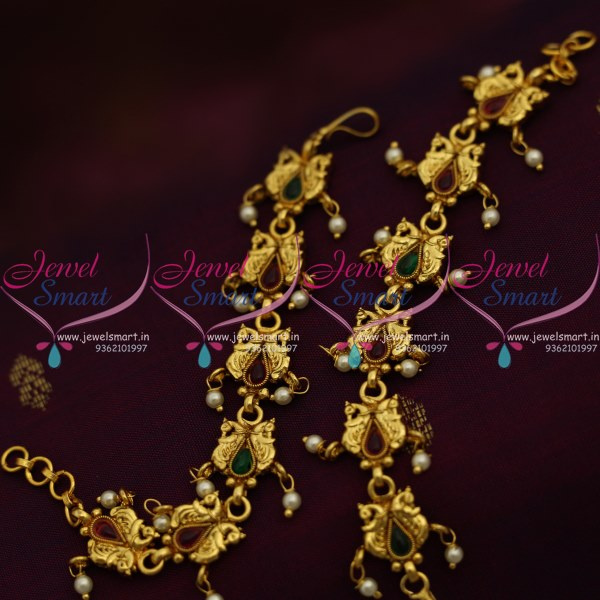 EC9109 Double Peacock Design Kemp Red Broad Fancy Ear Chains South Indian Ear Mattal JewelSmart.in