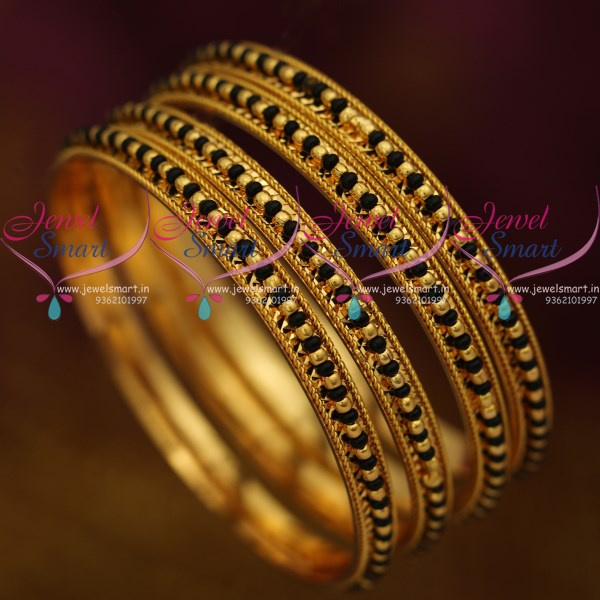 B9386 South Indian Black Beads Nalla Pusalu Karugamani Bangles 4 Pieces Set Daily Wear JewelSmart.in