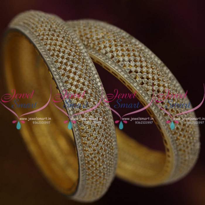 B9606 Diamond Finish Broad CZ Two Tone Gold Silver Plated Bangles Online JewelSmart.in