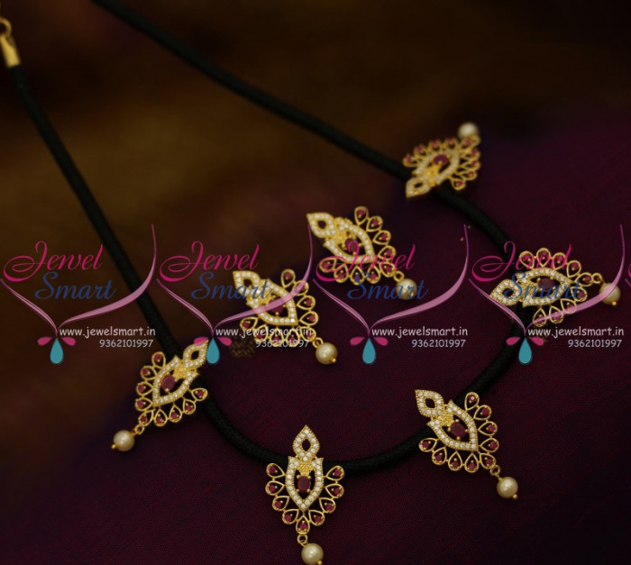 NL9786 Silk Dhaga Black Thread Necklace CZ Stone Pendants Gold Designs Online JewelSmart.in