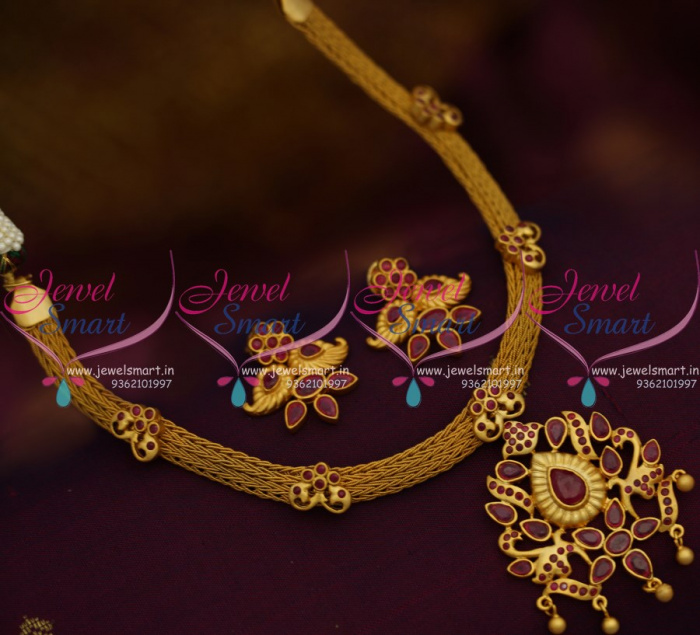 NLA0010 Matte Gold Traditional Design Full Ruby Stones Attigai