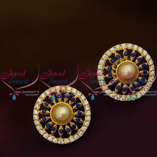 ER10224 Blue AD White Round Shape Pearl Tops Ear Studs Normal Size Earring Regular Design Gold Plated