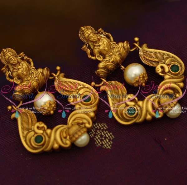 ER10231 Temple Matte Finish Big Size Nakshi Work Pearl Drops Handmade Earrings Online Green Stones JewelSmart.in