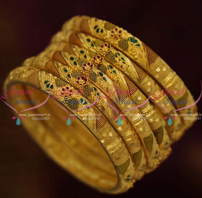 B10211 One Gram Forming Gold Plated 6 Pieces Set Meenakari Finish Light Weight Bangles Imitation Jewellery Online
