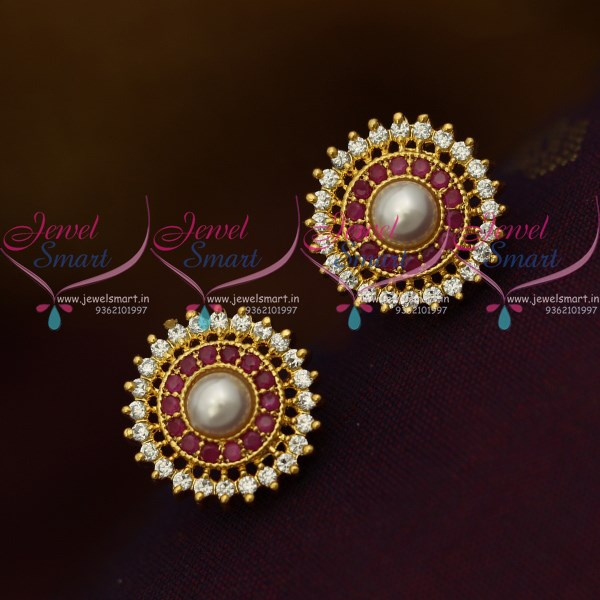 ER10337 Ruby AD White Round Shape Pearl Tops Ear Studs Small Size