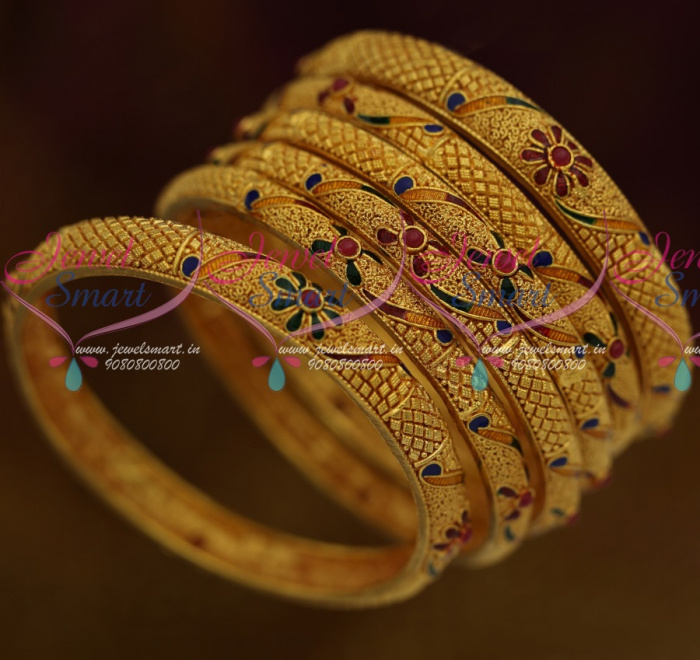 B9316 One Gram Forming Gold Gheru Plated 6 Pieces Set Bangles Light Weight Jewellery
