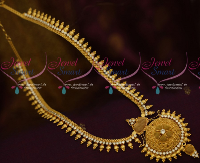 NL11911 Beads Design AD White Stones Kerala Style Gold Covering Jewellery Haram Designs Online JewelSmart.in