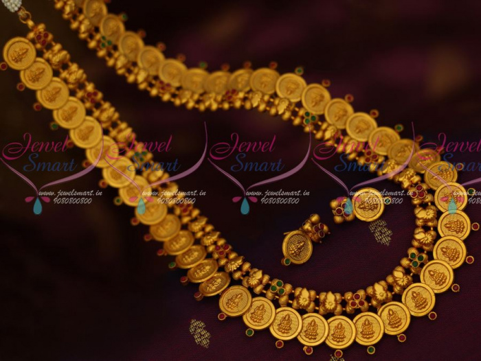 NL12643RG Red Green Stones Matte Gold Finish Laxmi God Embossed Design Latest Coin Haram Shop Online JewelSmart.in