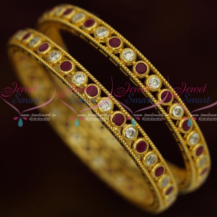 B13317R Ruby White American Diamond Stones Jewellery 2 Pcs Bangles