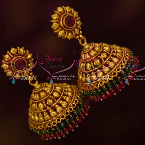 J13461 Antique Reddish Gold Plated Red Green Bead Drops Jhumka Earrings Latest Designs Online JewelSmart.in