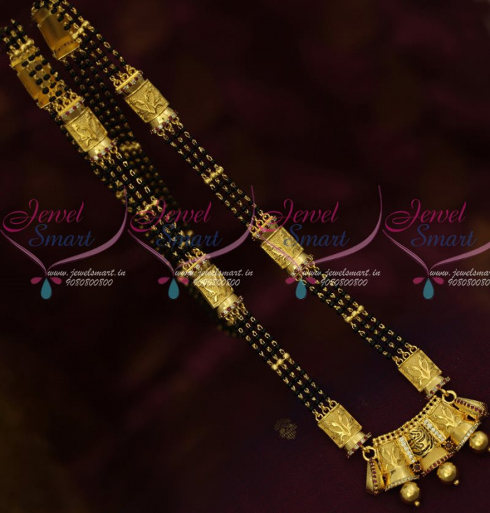 M13478 Black Beads Mala Long Necklace AD Stones Forming Gold