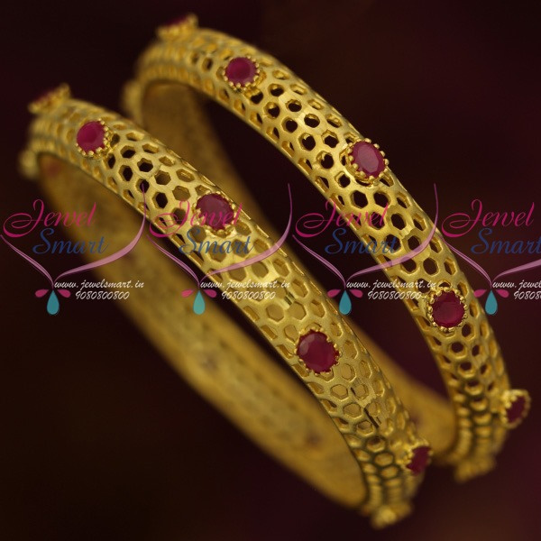 B13798 Oval Ruby Stones Net Design Latest Fancy Light Matte Gold Plated Bangles Online JewelSmart.in