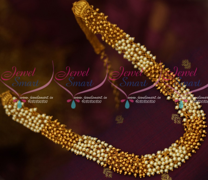 H13869 Pearl Golden Colour Bead Danglers Latest Fancy Hip Chain