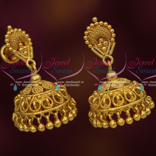 J14008 Simple Design South Indian Handmade Jhumka Earrings Gold Plated Daily Wear Jewellery JewelSmart.in