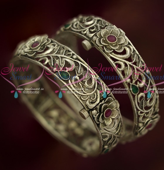 B14674 Oxidised Silver Finish Screw Floral Design Broad Bangles Latest Fashion Jewellery Online JewelSmart.in