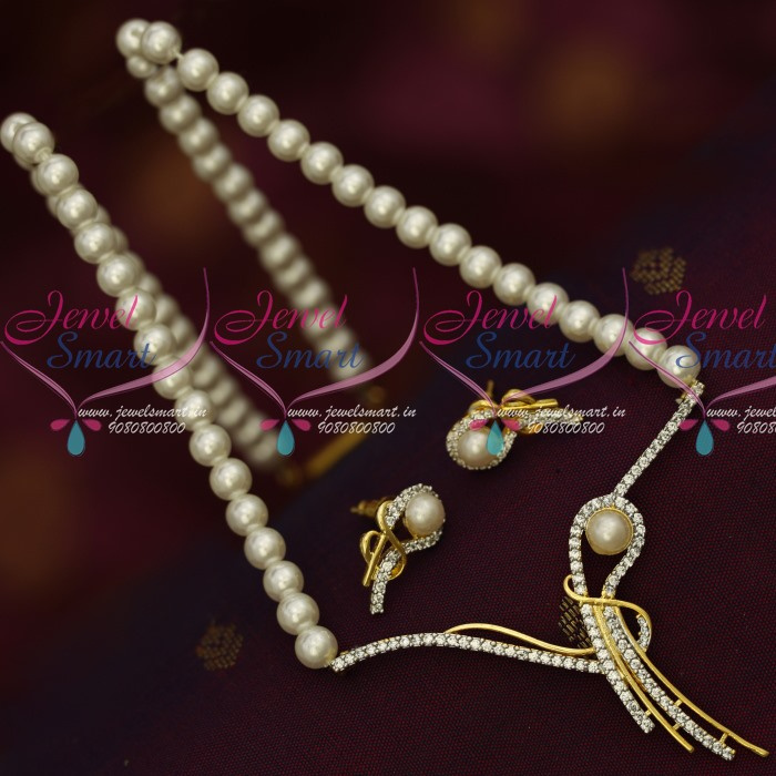 NL14585 Broad Thin Delicate Pendant Design Pearl Mala Latest Low Price AD Jewellery Online JewelSmart.in