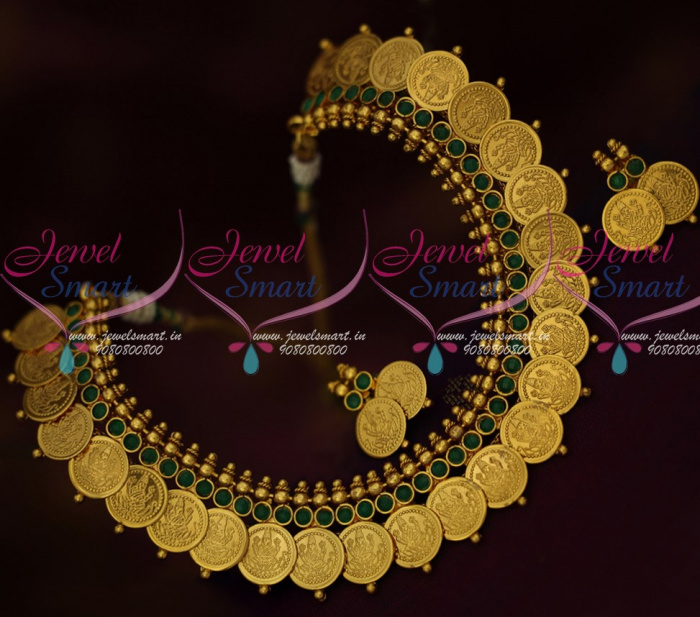 NL15505 Green StonesAntique Temple Jewellery Coin Necklace Short