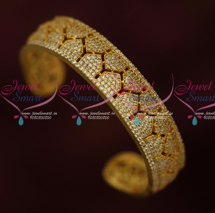 B16268 American Diamond Broad White Stones Open Kada Gold Plated