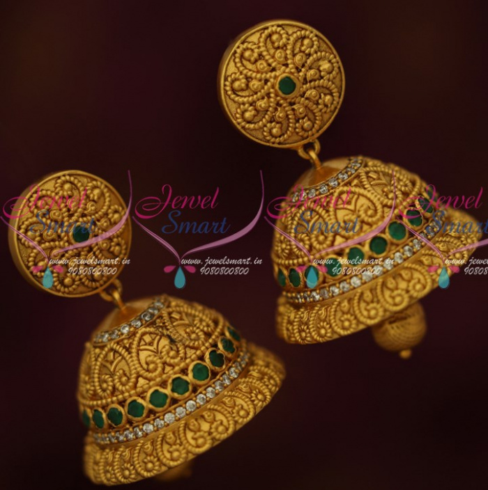 J16143 Floral Design Emerald Stones Perfect Shape Jhumka Earrings