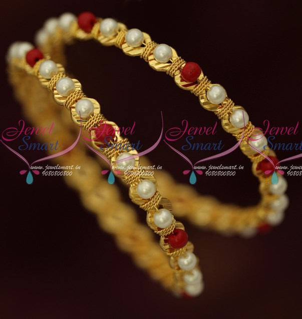 B16410 Pearl Red Beads Gold Covering Bangles Latest Fancy