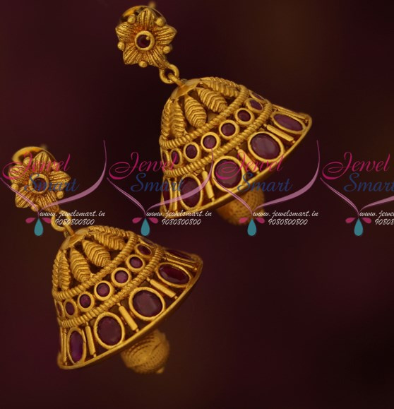 J16207 Floral Jhumkas Ruby Stones Latest Matte Antique Jewelry Online JewelSmart.in