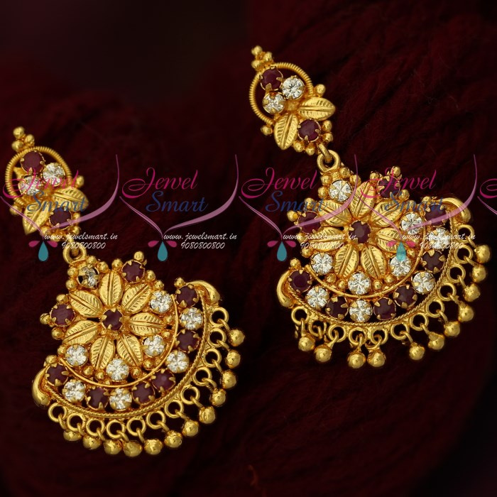 ER17826 Ruby Leaf Design Fancy Gold Covering Earrings South Screw