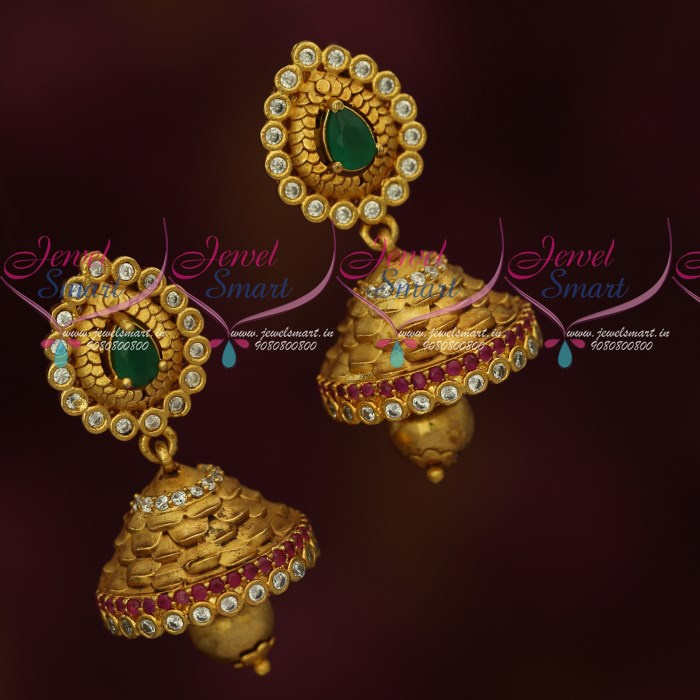 J18208 Antique Gold Plated Jhumka Earrings Semi Precious AD Stones