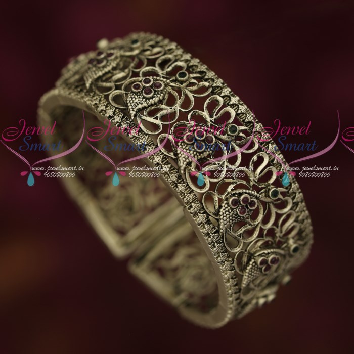 B18493 Silver Oxidised Flexible Open Watch Type Free Size Kada