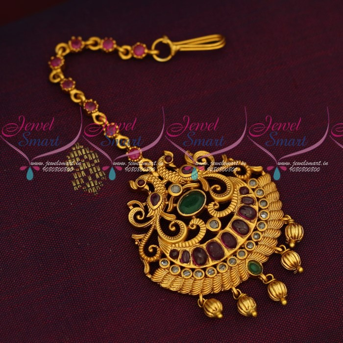 M18768 Peacock Design Fancy Matte Gold Finish Maang Tikka New