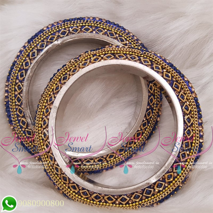 Dark Blue Colour Lac Bangles Handmade Brass Base Matching Jewellery B20505 JewelSmart.in