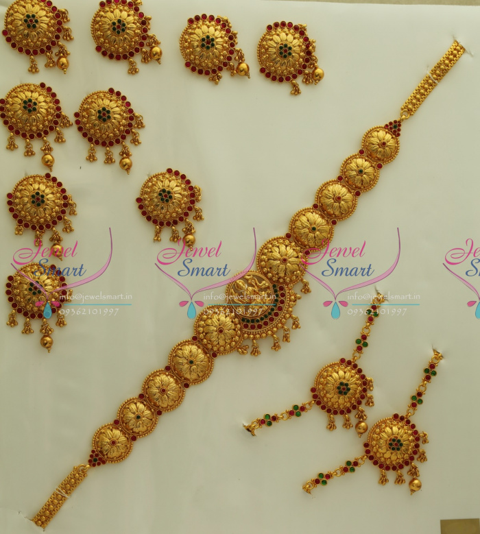 DS0096 Exclusive Indian Traditional Grand Temple Laxmi God Wedding Jewellery Kempu Stones Antique Gold Plated JewelSmart.in