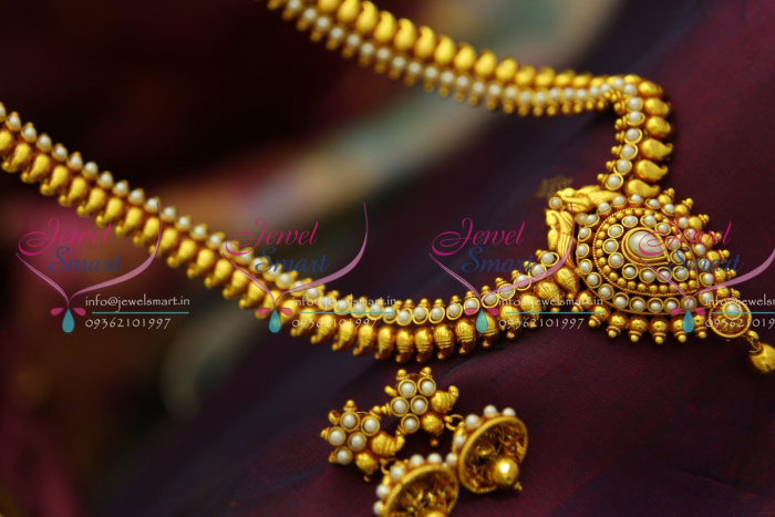 NL3131 Red Gold Plated Mango Pearl Haram Traditional Look Necklace Set Online JewelSmart.in