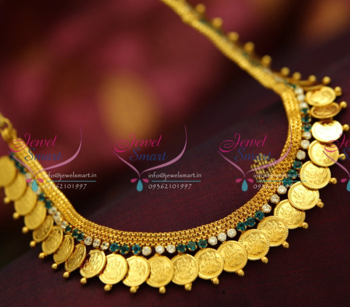 NL3847 Indian Traditional Temple Coin Blue Kasulaperu Kasumala Necklace Semi Precious Stones JewelSmart.in