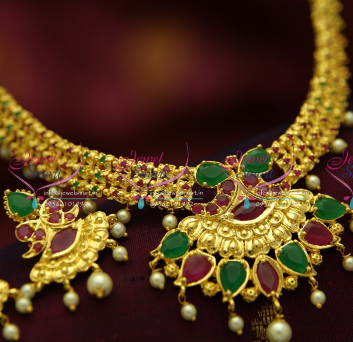 NL4331 Latest South Indian Attigai Necklace Ruby Emerald Pearl Danglers ...