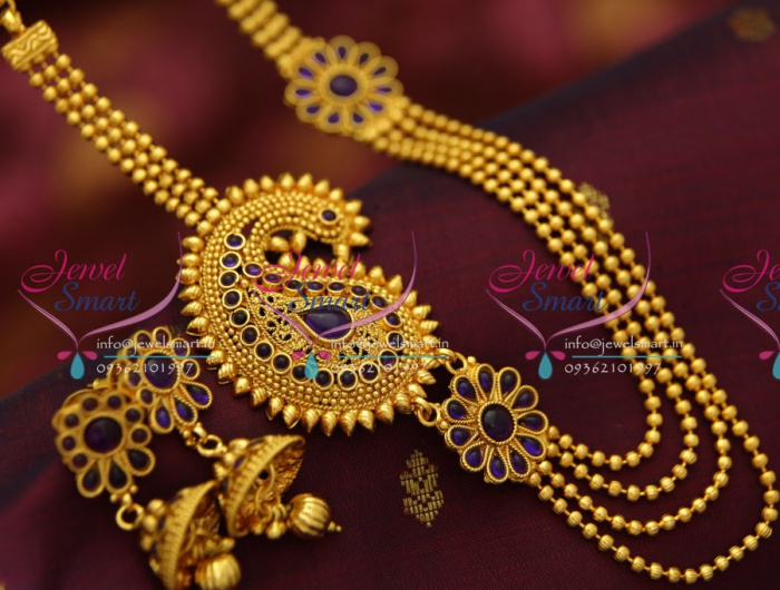 NL4386 Kemp Purple Mango Design Mugappu Side Pendant Multi Strand Line Jewellery Online JewelSmart.in