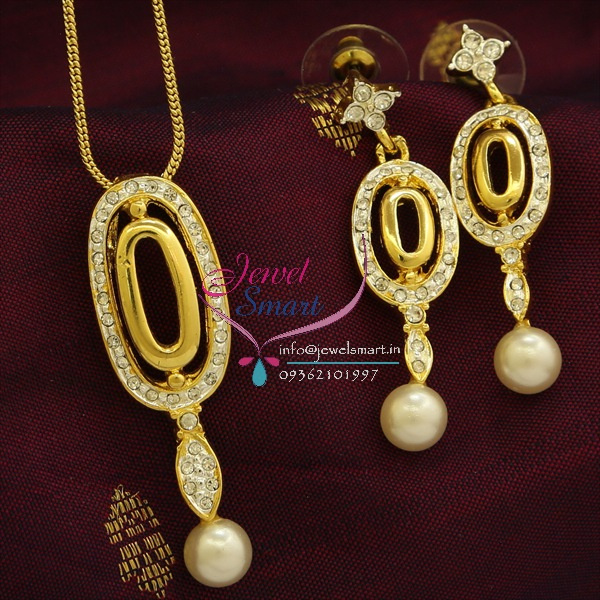 PE9492 Delicate Two Tone Gold Design Pendant Earrings Fancy Chain Set JewelSmart.in