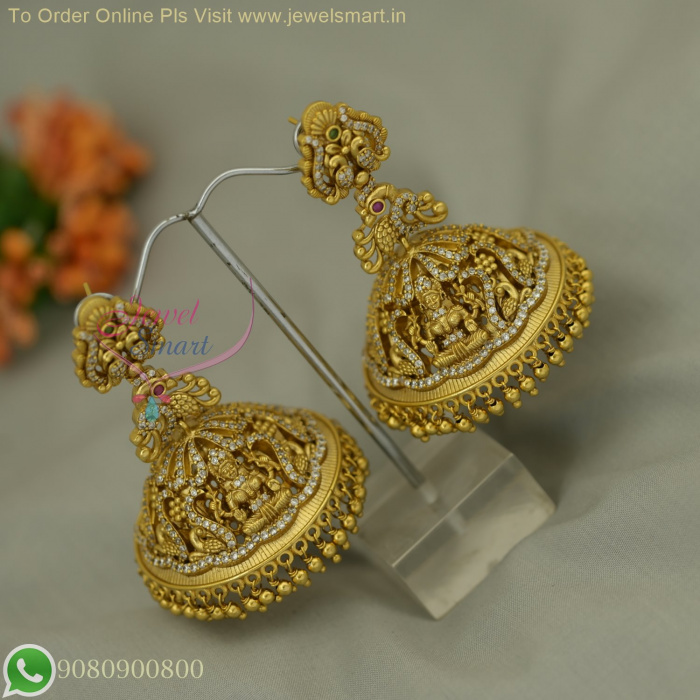 Traditional Temple Gold Jhumka Earrings with Lakshmi Design and Heavy Intricate Detailing J26851